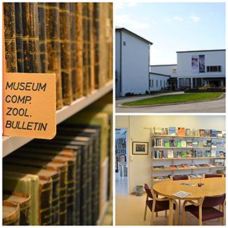 Kollage av museumsbiblioteket b&aring;de utenfor og innvendig