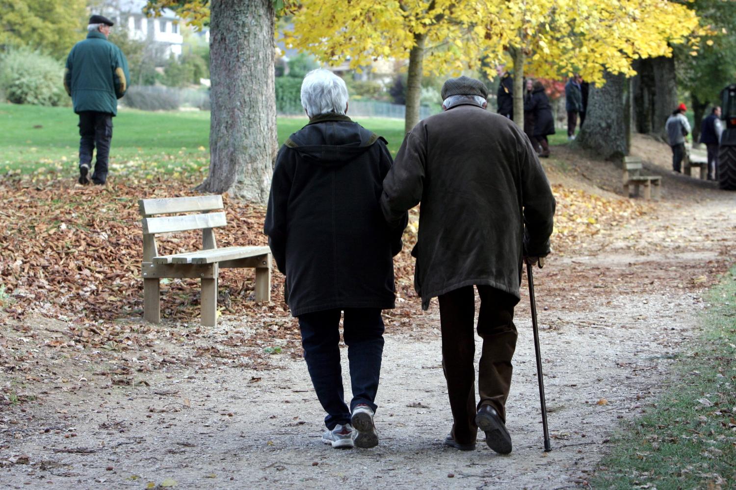 Eldre ektepar g&aring;r tur i parken