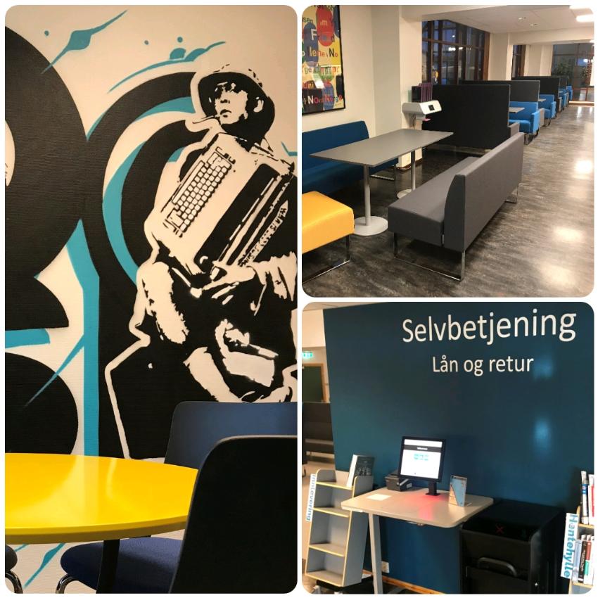 Kollage av Harstad bibliotek b&aring;dutenfor og inne i bygget