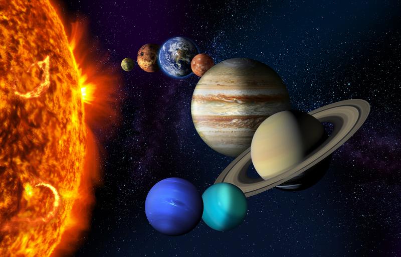 36228361-sun-and-the-planets-of-the-solar-system.jpg Sola og planetene. Solas utbrudd er utgangspunktet for nordlyset.