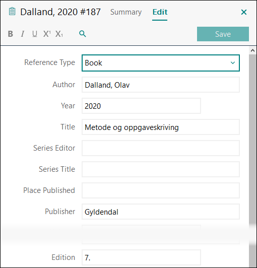 Utfylling av felter i EndNote: Bok med &eacute;n forfatter APA 7