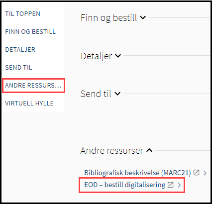 Link til EOD bestilling i Oria under menyen Andre ressurser
