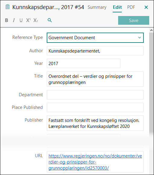 Utfylling av felter i EndNote: L&aelig;replaner - Overordnet del APA 7