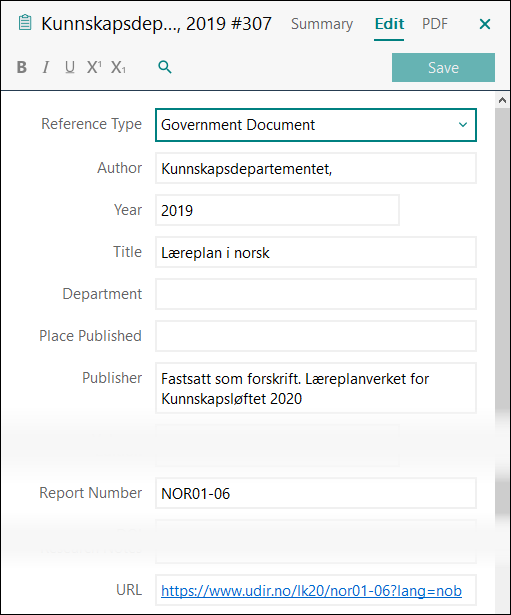 Utfylling av felter i EndNote: L&aelig;replaner - Kunnskapsdepartementet APA 7