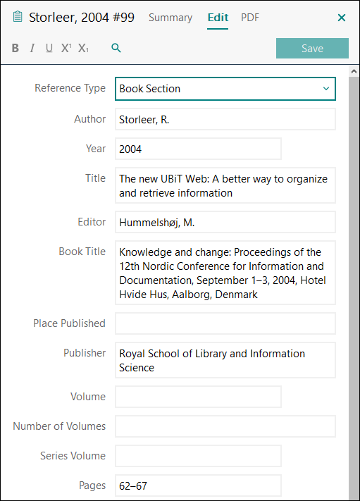 Utfylling av felter i EndNote: Konferansebidrag kapittel i bok med redakt&oslash;r(er) APA 7