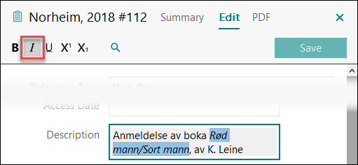 Utfylling av felter i EndNote: Hvordan f&aring; boktittel i kursiv i Description-feltet
