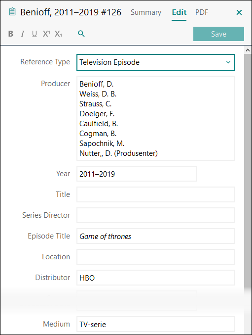 Utfylling av felter i EndNote: TV-serie fra str&oslash;mmetjeneste APA 7