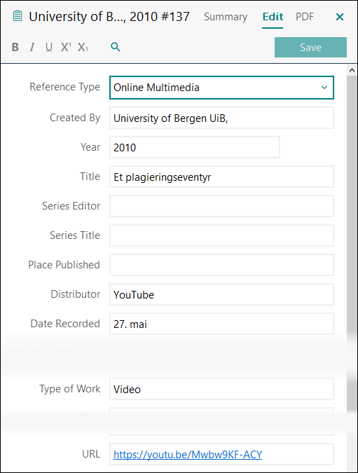 Utfylling av felter i EndNote: Video p&aring; YouTube (uten brukernavn) APA 7