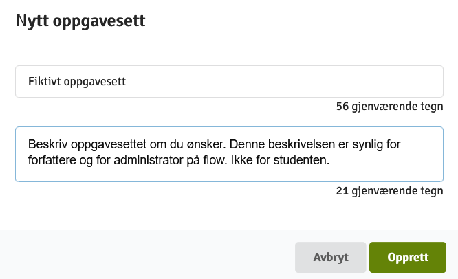 tituler oppgavesettet. Beskrivelse er ikke synlig for studenter