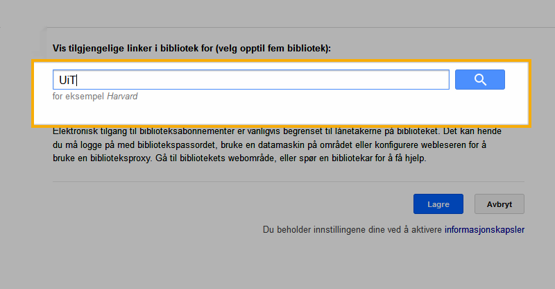 Skjermbilde veiledning Google Scholar med s&oslash;kefelt innenfor Linker i biblioteket fremhevet og s&oslash;k etter 