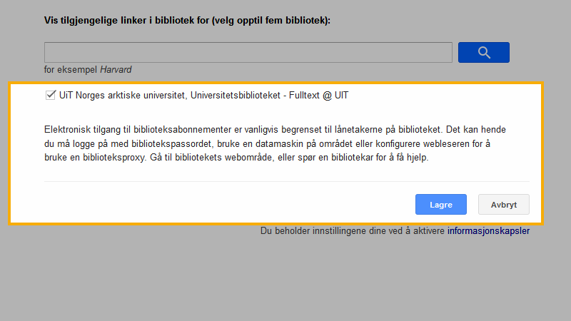 Skjermbilde veiledning Google Scholar med s&oslash;kefelt i Linker i biblioteket fremhevet og UiT haket av