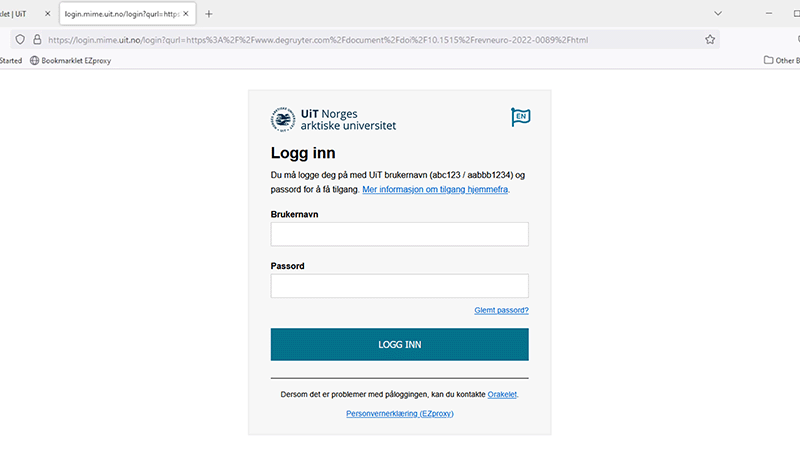 Skjermbilde EZproxy innloggingsskjema