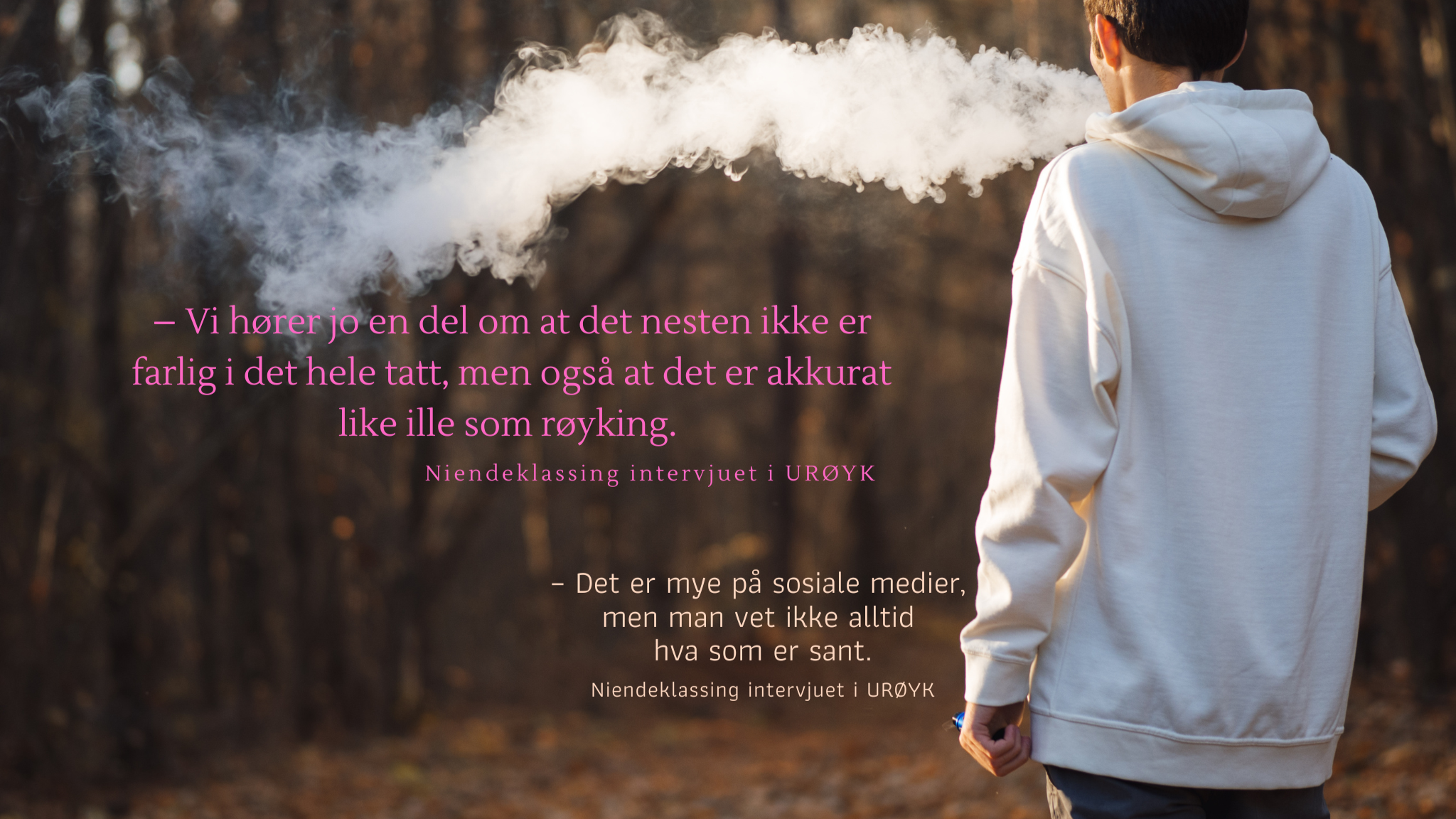 URØYK sitatplakat_bredde.png Gutt med ryggen til, vendt mot en skog. Blåser røyk som vises til venstre for ham.